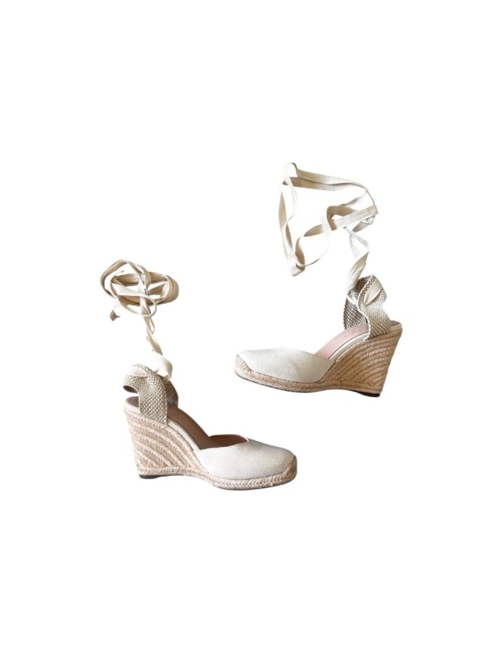 JCREW Lace Up High Heels Espadrille Womens 9.5 Beige Wedge Coastal Comfort Beach - Picture 2 of 13